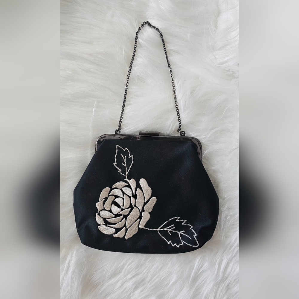 Ann Taylor Black Clutch with White Floral Design
